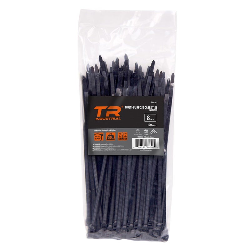 TR Industrial Multi-Purpose UV Resistant Black Cable Ties, 8 inches, 100 Pack - Image 1